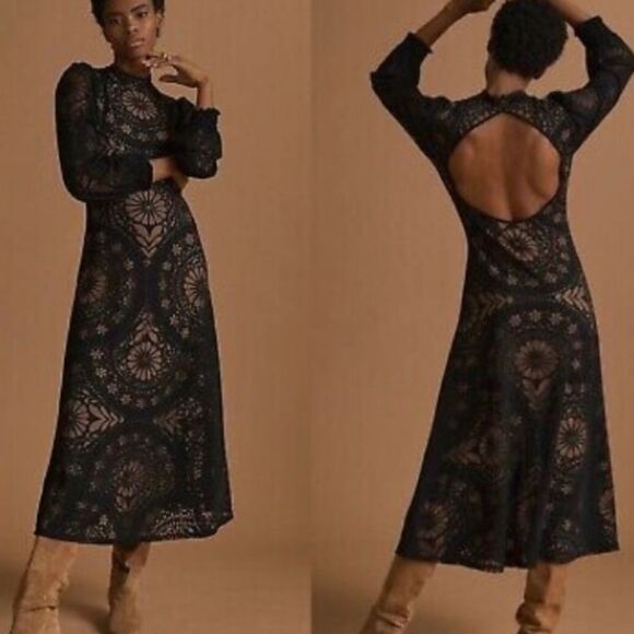 FARM RIO Anthropologie Open Back Black lace Maxi whimsigoth Dress. XS - Picture 1 of 12
